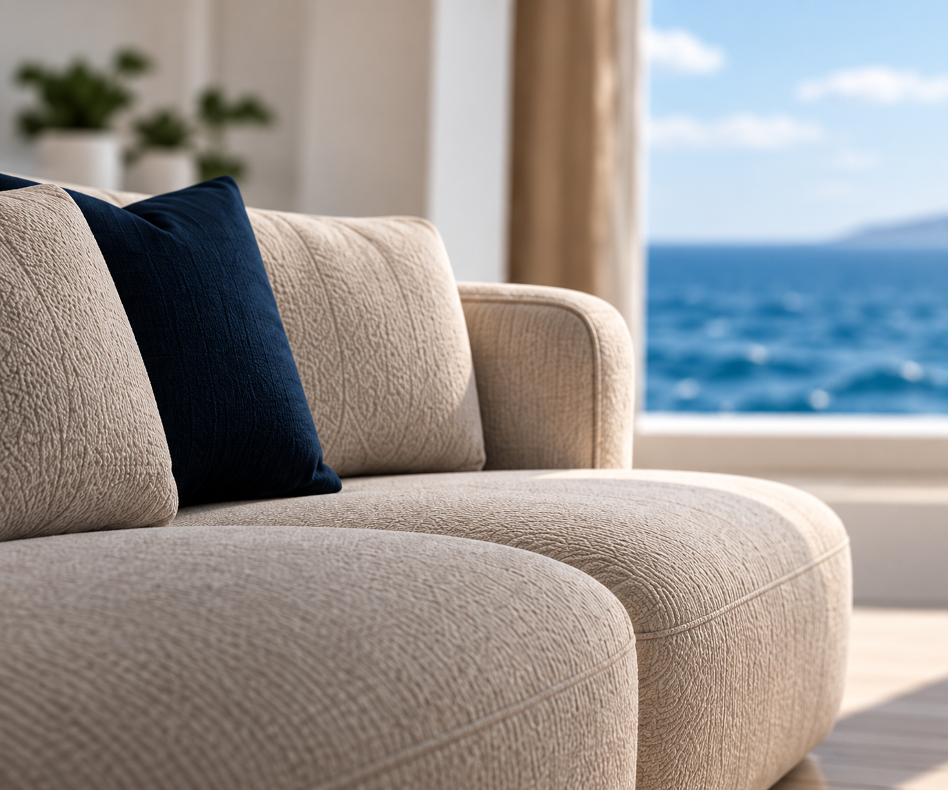 Tailored cream yacht upholstery with a navy cushion
