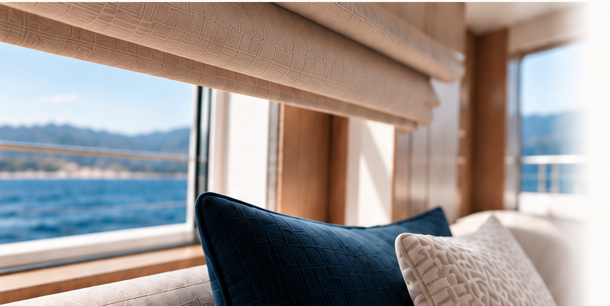 Tailored yacht window treatment and seating